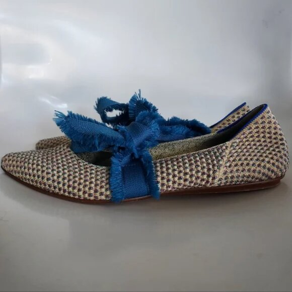 Rothy's Multi Metallic Mary Jane Flats Blue Ribbon Bow Ballet Shoe Pointed Sz 7 - Picture 7 of 9